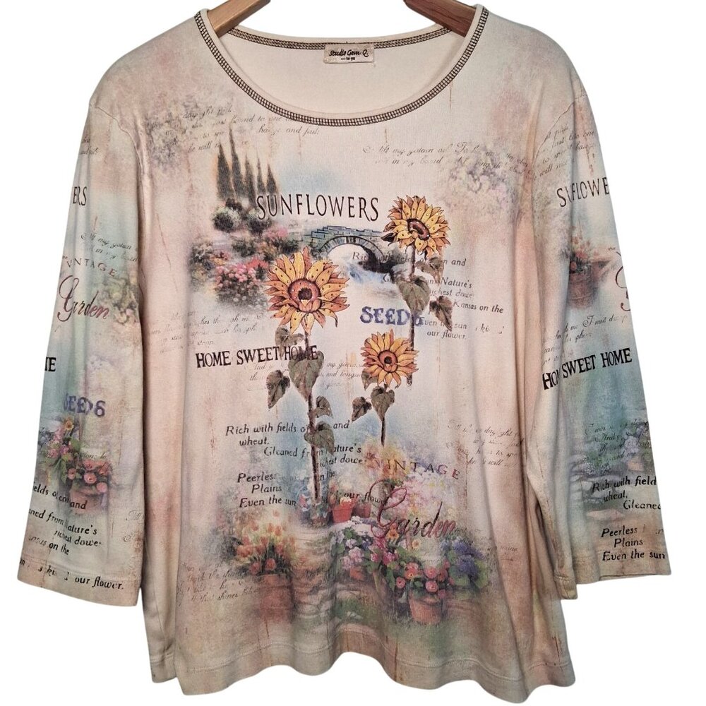 Vintage Y2K Studio Gem Sunflower Shirt XXL Cottagecore Garden Flowers Studded